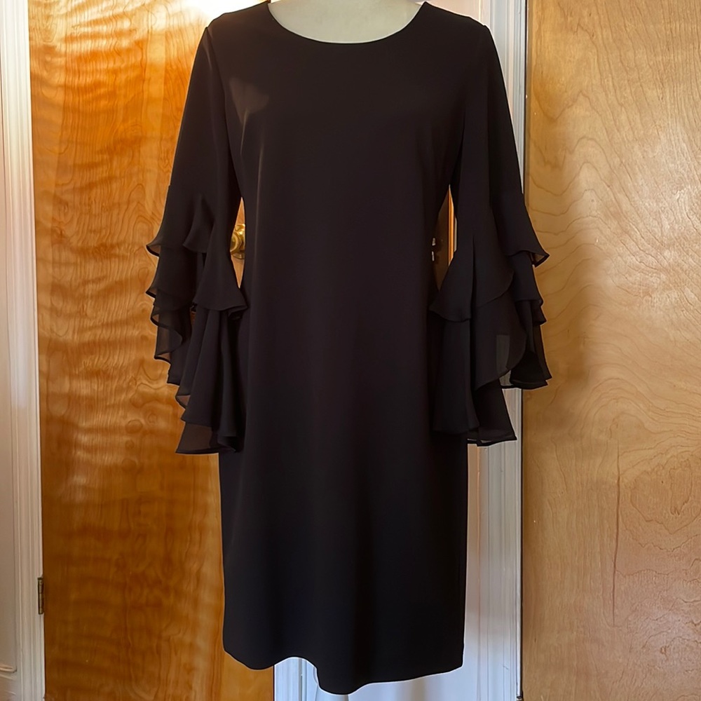 Tommy Hilfiger little black dress with layered bell sleeves and gold zipper